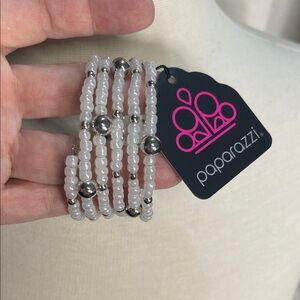 Paparazzi Silver and White Beaded Coil Bracelet